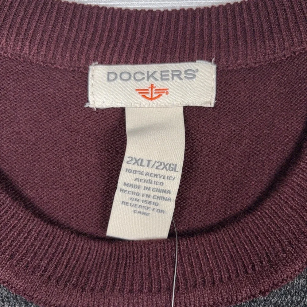 Dockers Sweater Mens 2XLT Burgundy Acrylic Long Sleeve Argyle Crew Neck NEW